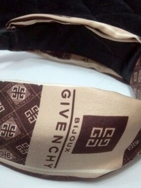 Givenchy Brown and Cream Silk Headband with Signature Logo
